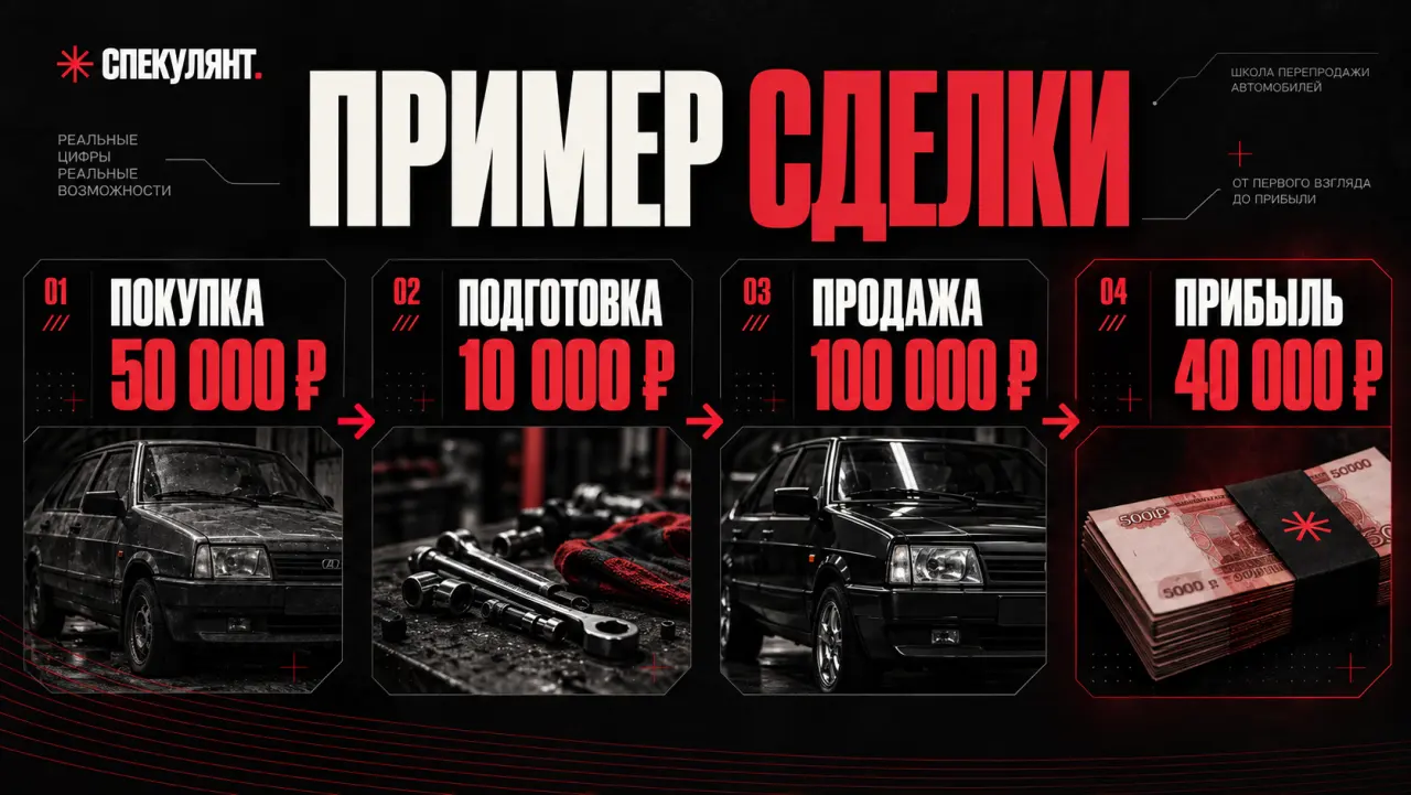 Пример сделки: покупка 50 000 ₽, подготовка 10 000 ₽, продажа 100 000 ₽, прибыль 40 000 ₽